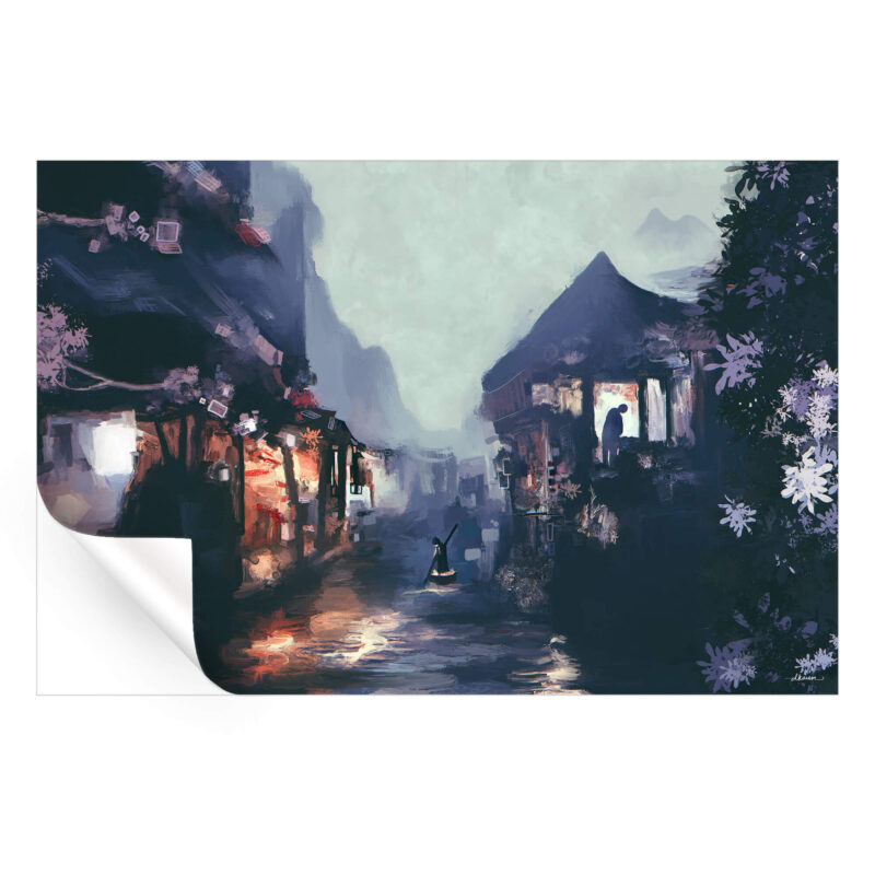 Serene Asian city canal painting featuring a colorful boat amidst tranquil waters and soft reflections.