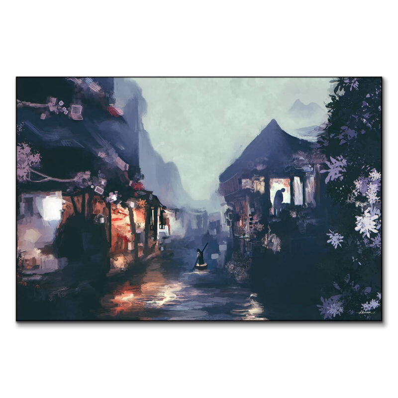 Serene Asian city canal painting featuring a colorful boat amidst tranquil waters and soft reflections.