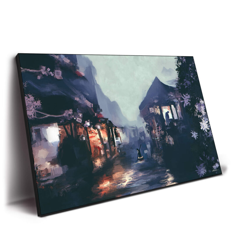 Serene Asian city canal painting featuring a colorful boat amidst tranquil waters and soft reflections.