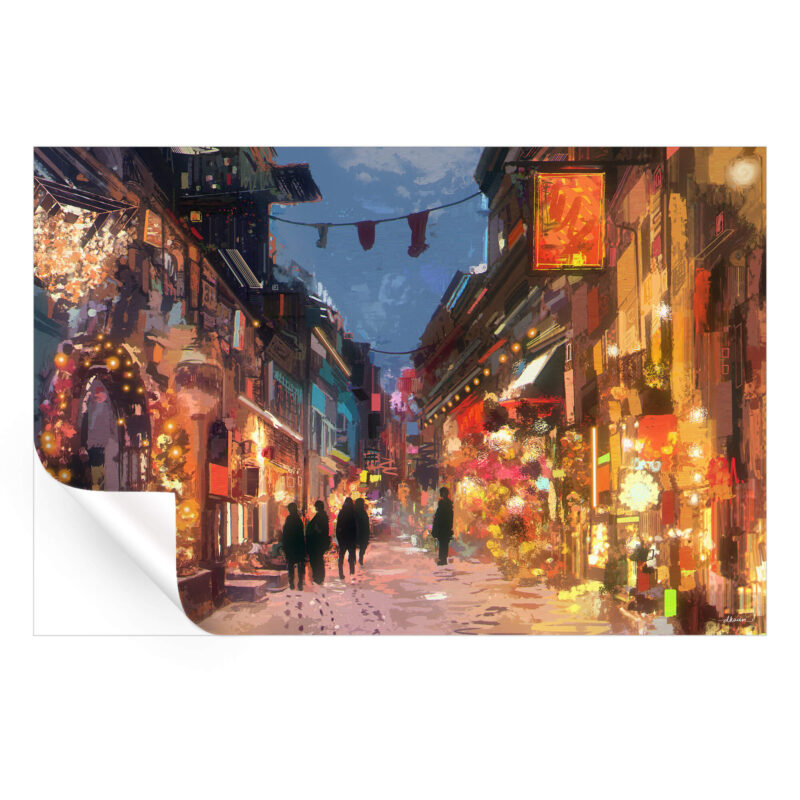 Festive winter holiday city street painting with glowing lights and snowflakes, depicting a joyful holiday atmosphere.