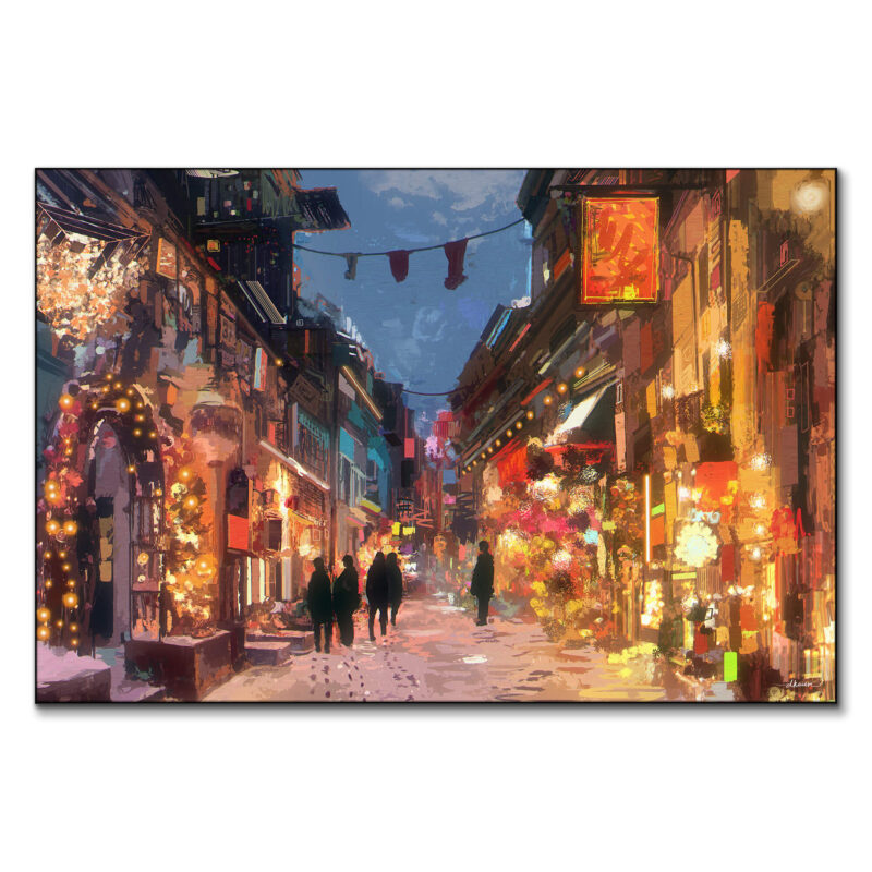 Festive winter holiday city street painting with glowing lights and snowflakes, depicting a joyful holiday atmosphere.