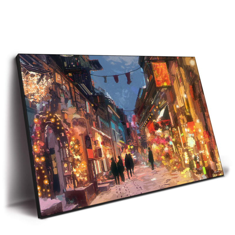 Festive winter holiday city street painting with glowing lights and snowflakes, depicting a joyful holiday atmosphere.