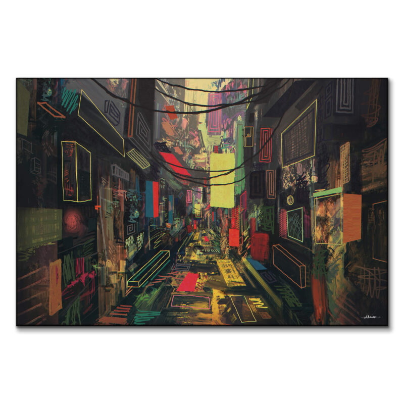 Colorful abstract city street painting with geometric shapes and vibrant colors representing urban life.