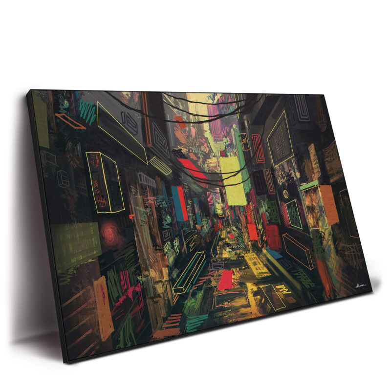 Colorful abstract city street painting with geometric shapes and vibrant colors representing urban life.