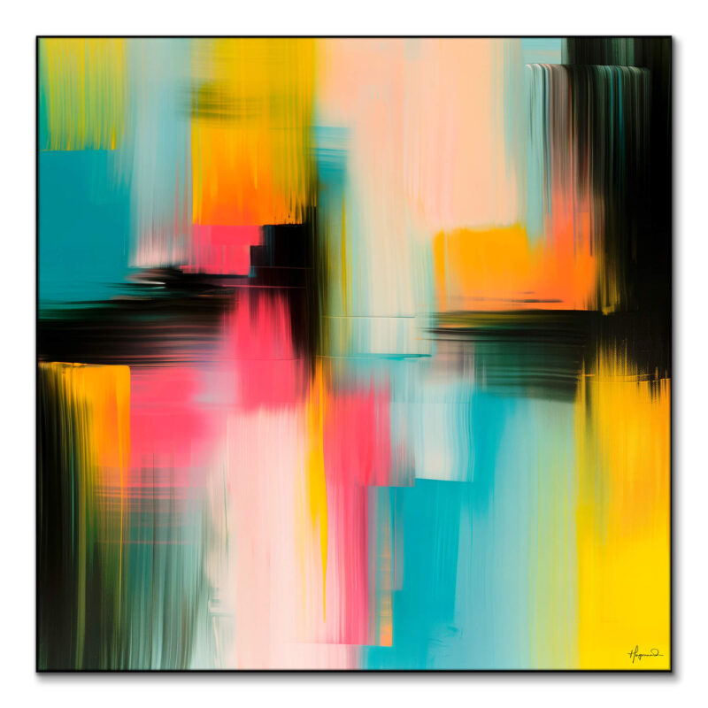 Abstract contemporary wall art featuring a harmonious blend of red, blue, and green colors with dynamic shapes.