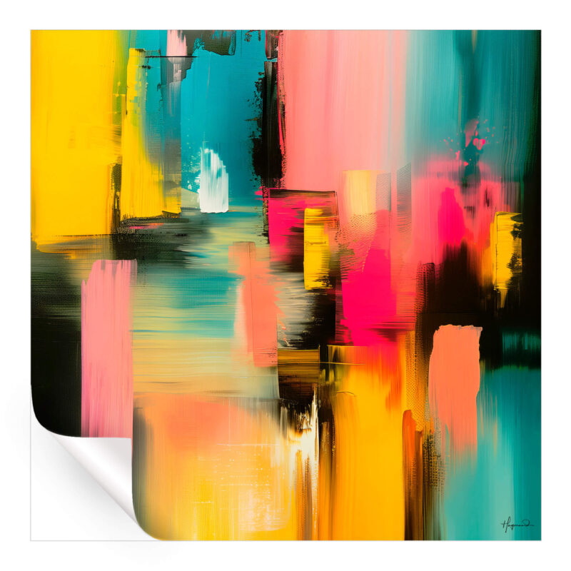 Abstract contemporary wall art showcasing vibrant yellow, pink, and blue colors with textured brush strokes.