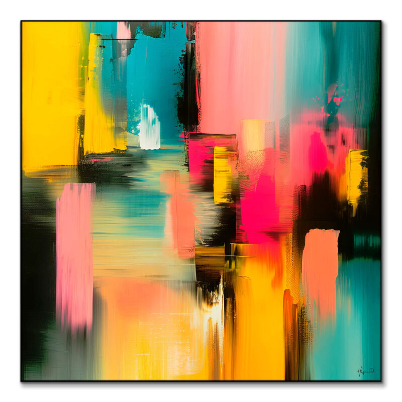 Abstract contemporary wall art showcasing vibrant yellow, pink, and blue colors with textured brush strokes.