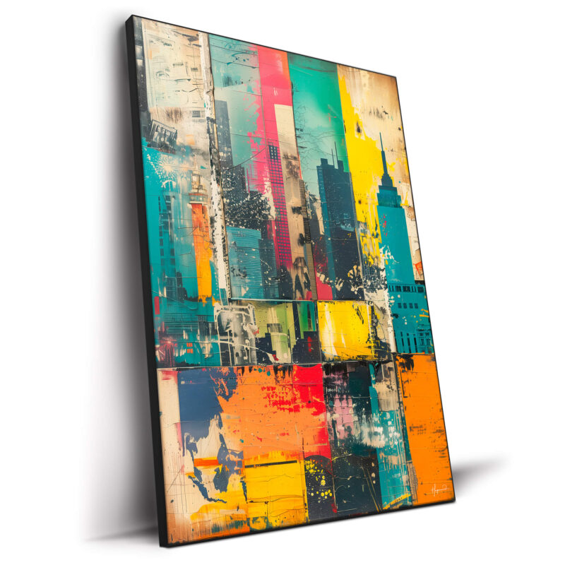 Urban skyline pop art wall decor featuring vibrant colors and abstract building silhouettes.