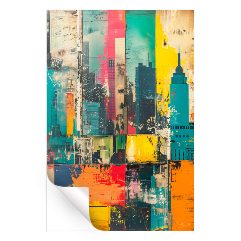 Urban skyline pop art wall decor featuring vibrant colors and abstract building silhouettes.