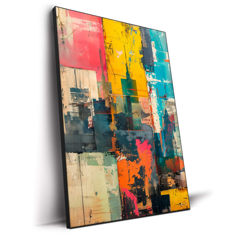 olorful contemporary wall art depicting the New York City skyline with vibrant hues and abstract textures.
