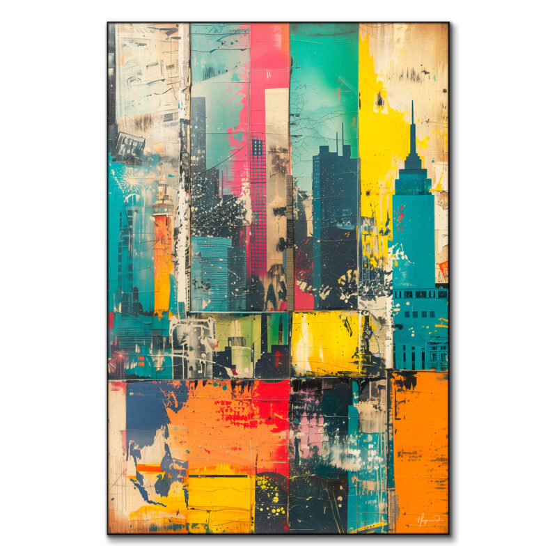 olorful contemporary wall art depicting the New York City skyline with vibrant hues and abstract textures.