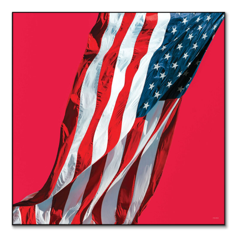 American flag in the wind with a bright red background.