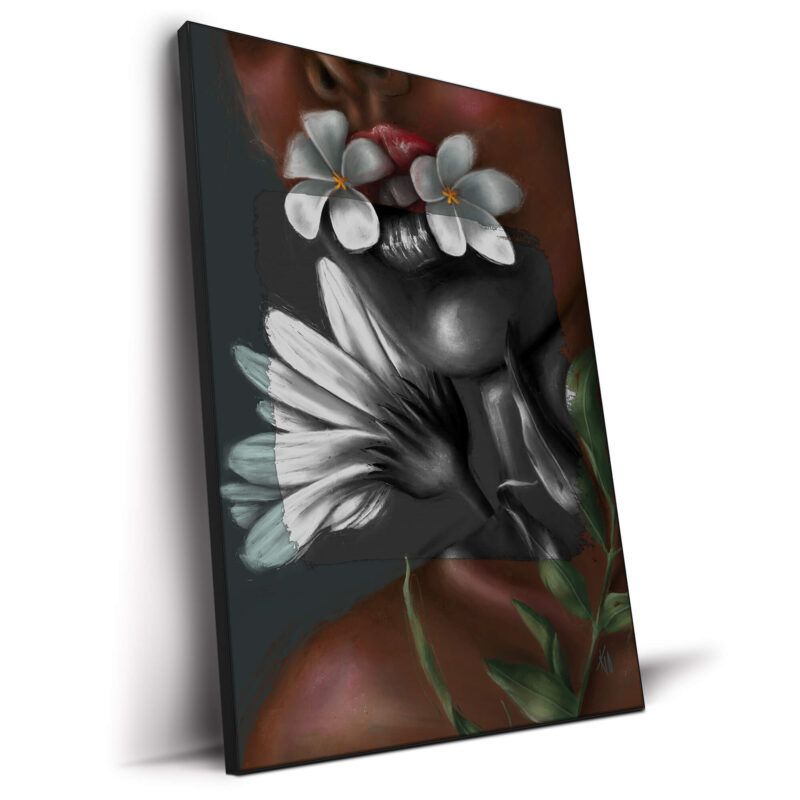 Black and white painting of a woman with floral designs, showcasing intricate details and contrast.