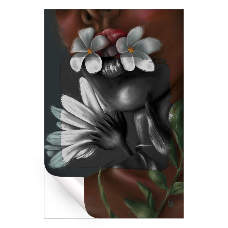 Black and white painting of a woman with floral designs, showcasing intricate details and contrast.