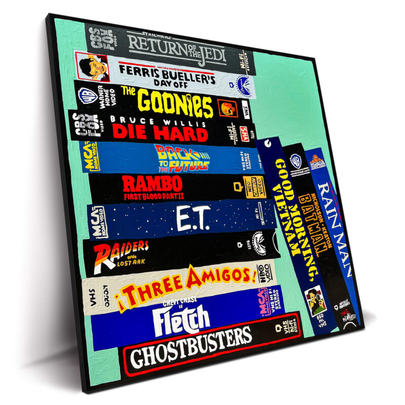 olorful artwork showcasing iconic '80s VHS movie covers, including "Return of the Jedi" and "E.T."