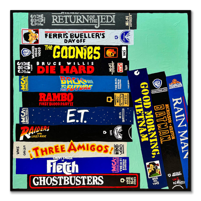 olorful artwork showcasing iconic '80s VHS movie covers, including "Return of the Jedi" and "E.T."