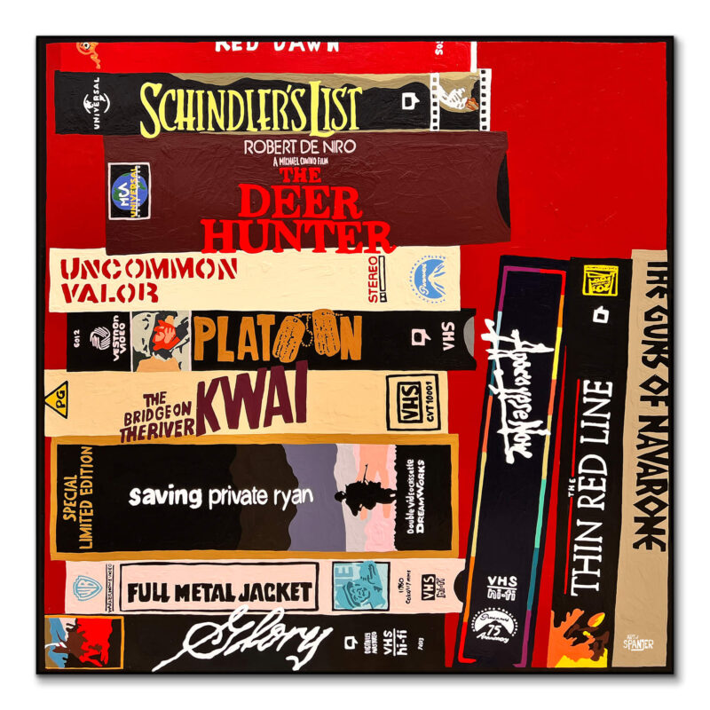 Artwork featuring classic action movie VHS covers, including "Schindler's List" and "Platoon."