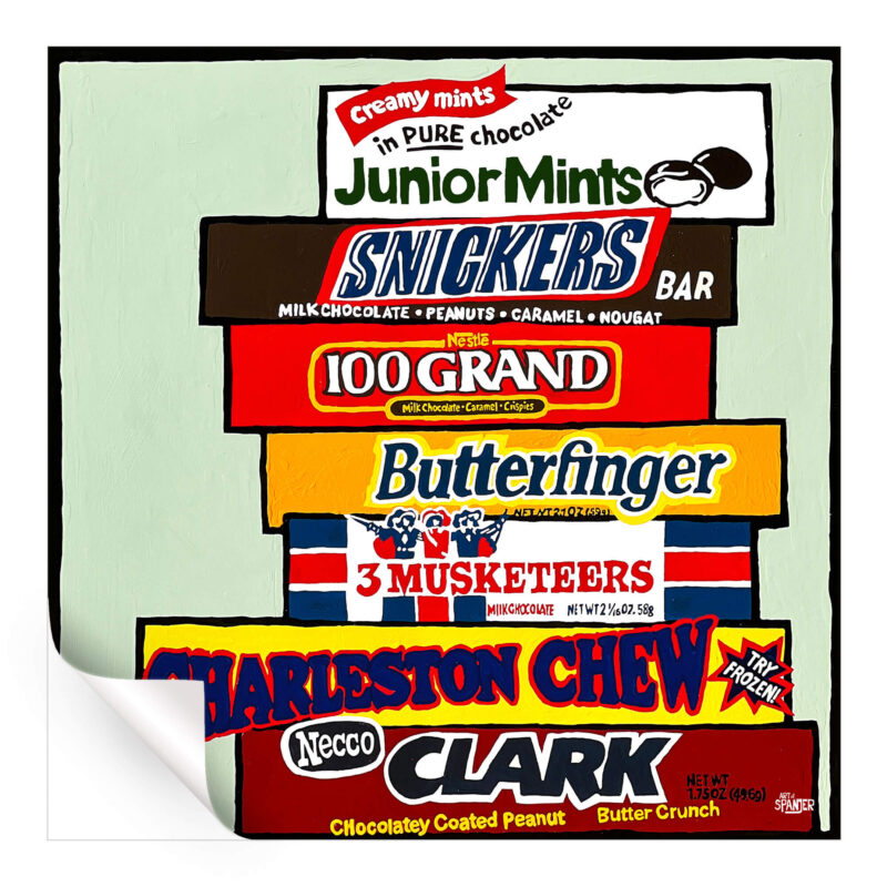Fun artwork featuring classic candy bar wrappers, including Snickers and Butterfinger.