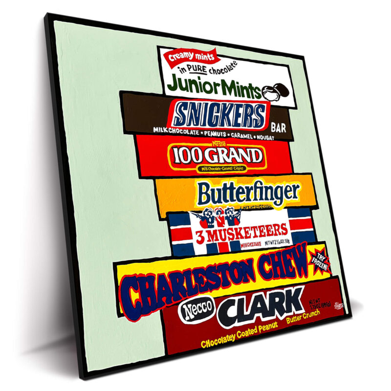 Fun artwork featuring classic candy bar wrappers, including Snickers and Butterfinger.