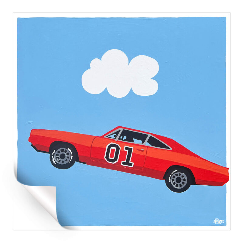 Artwork of the General Lee car from "The Dukes of Hazzard," set against a blue sky.