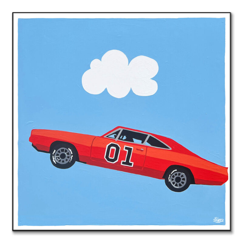 Artwork of the General Lee car from "The Dukes of Hazzard," set against a blue sky.