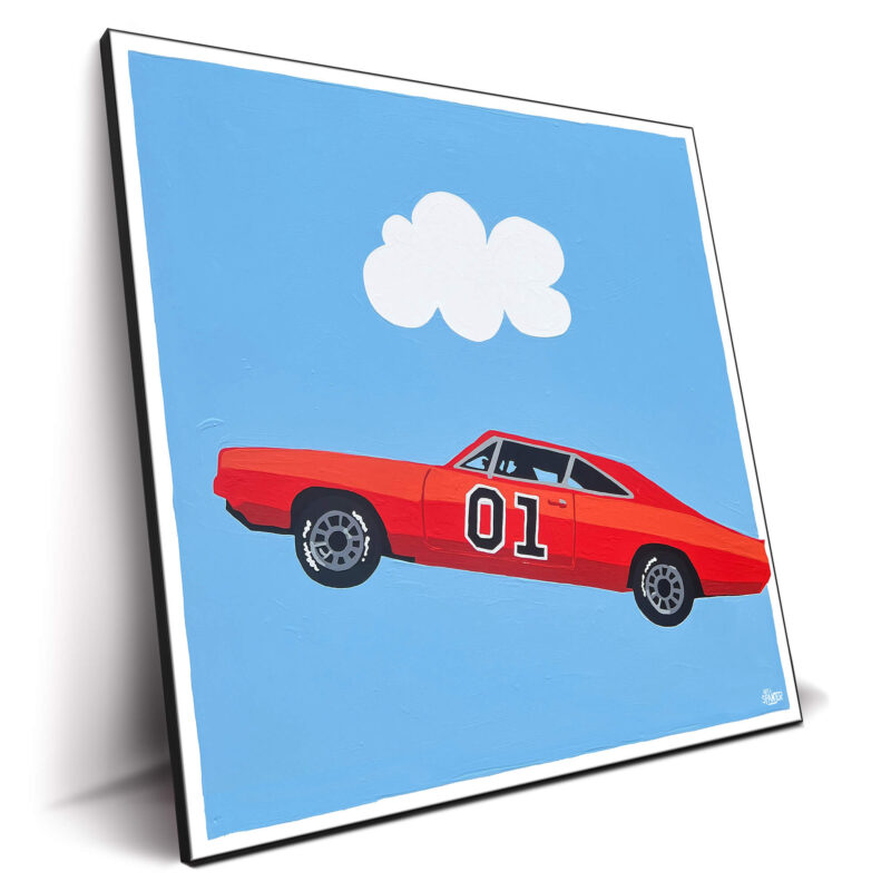 Artwork of the General Lee car from "The Dukes of Hazzard," set against a blue sky.