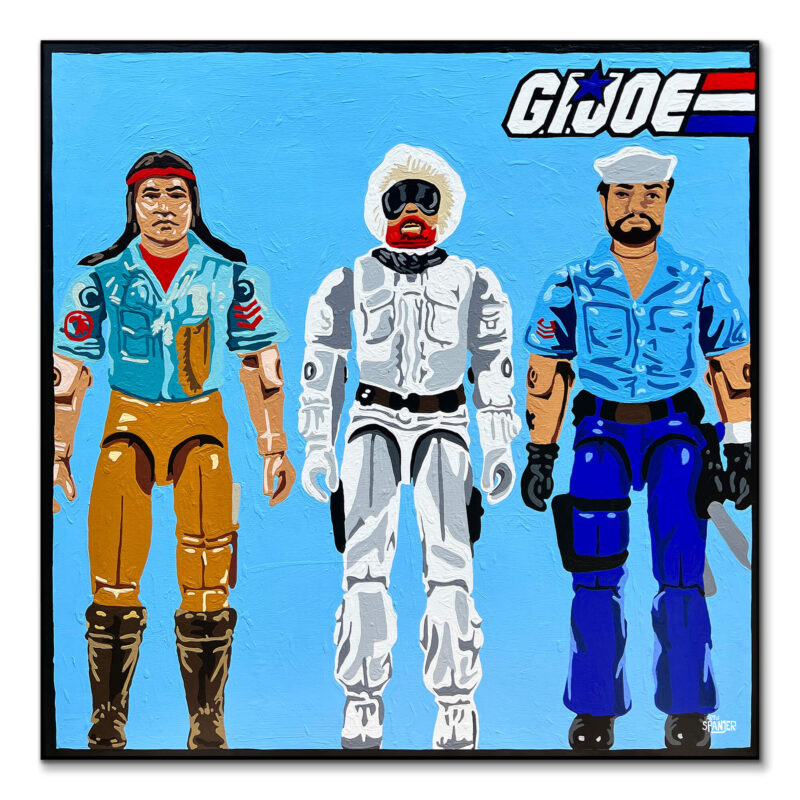 Colorful artwork featuring classic G.I. Joe action figures in vibrant colors.