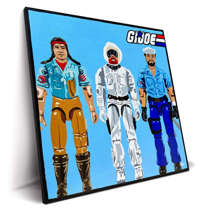 Colorful artwork featuring classic G.I. Joe action figures in vibrant colors.