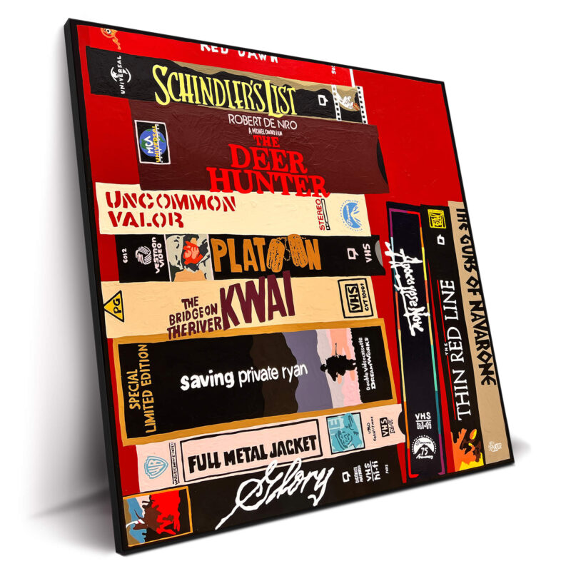 Artwork featuring classic action movie VHS covers, including "Schindler's List" and "Platoon."