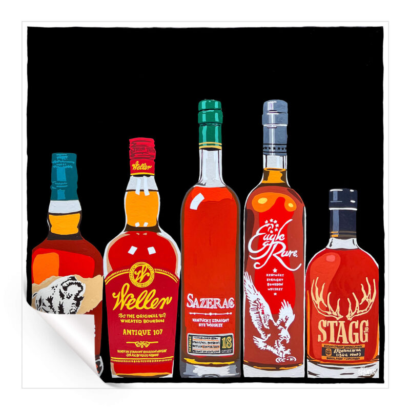 Artwork showcasing a collection of premium bourbon bottles, including Buffalo Trace and Stagg.