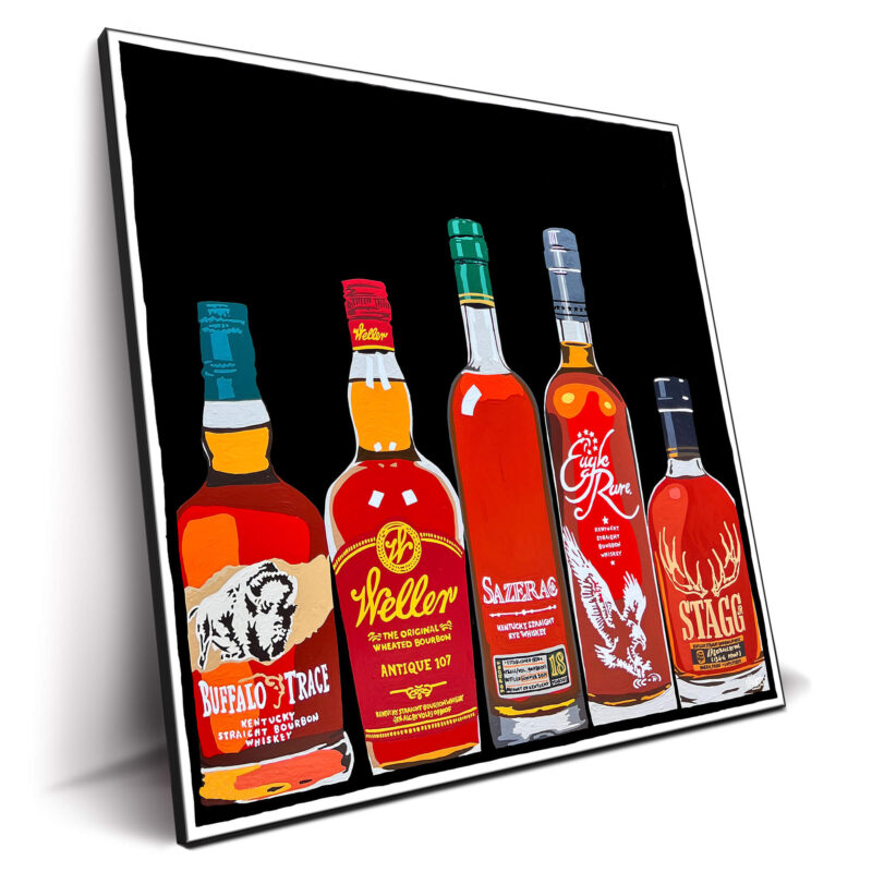 Artwork showcasing a collection of premium bourbon bottles, including Buffalo Trace and Stagg.