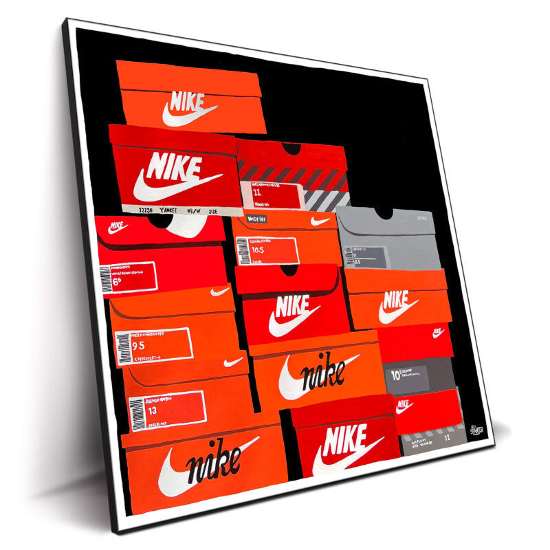Colorful artwork featuring a collection of Nike shoe boxes in various colors.