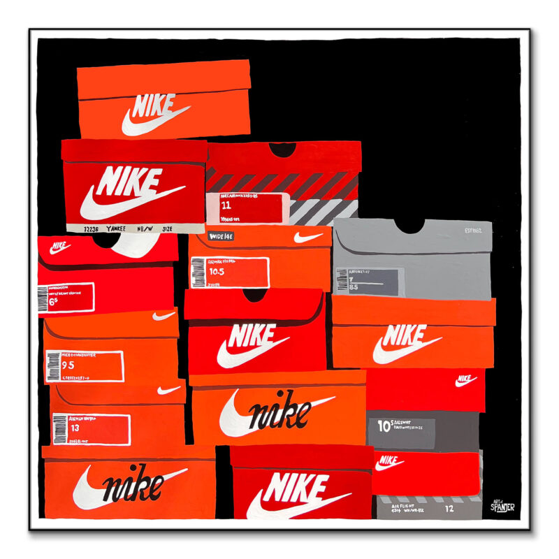 Colorful artwork featuring a collection of Nike shoe boxes in various colors.