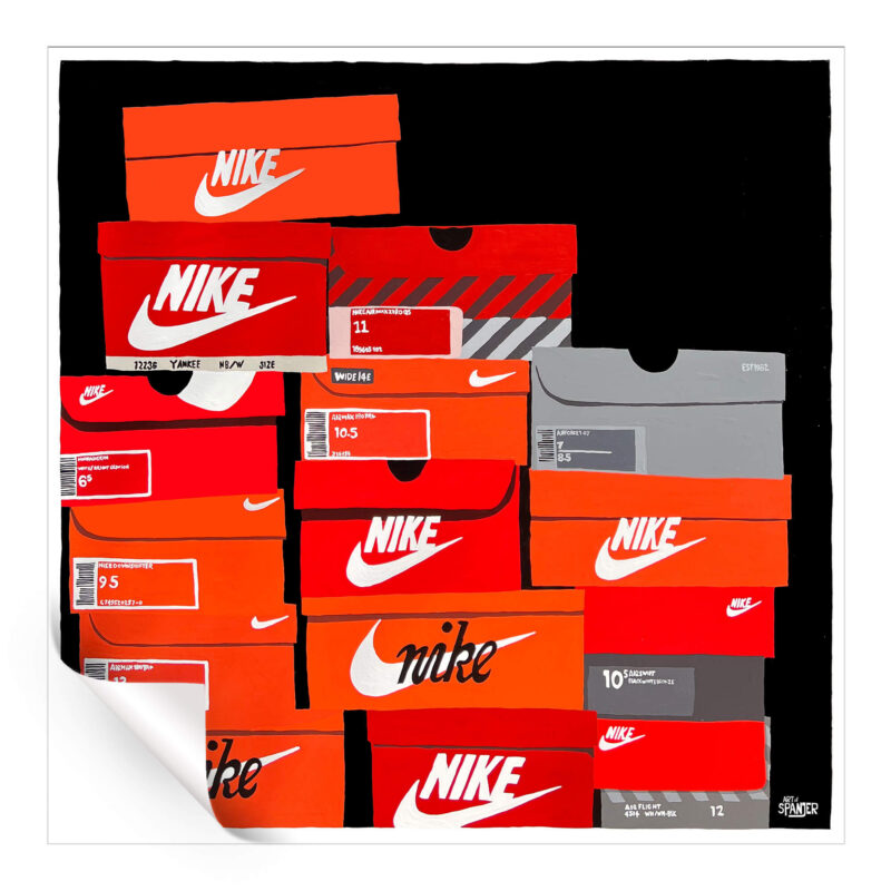Colorful artwork featuring a collection of Nike shoe boxes in various colors.