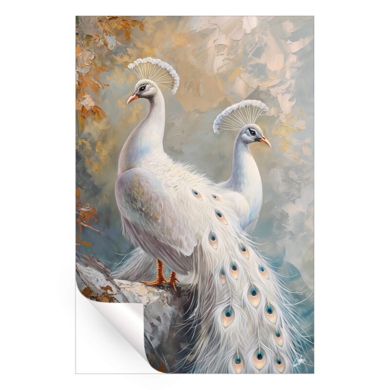 A painting of two elegant white peacocks standing in a soft, textured landscape with gentle hues.