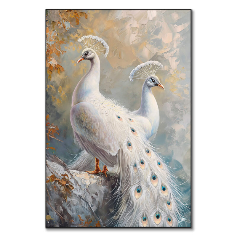 A painting of two elegant white peacocks standing in a soft, textured landscape with gentle hues.