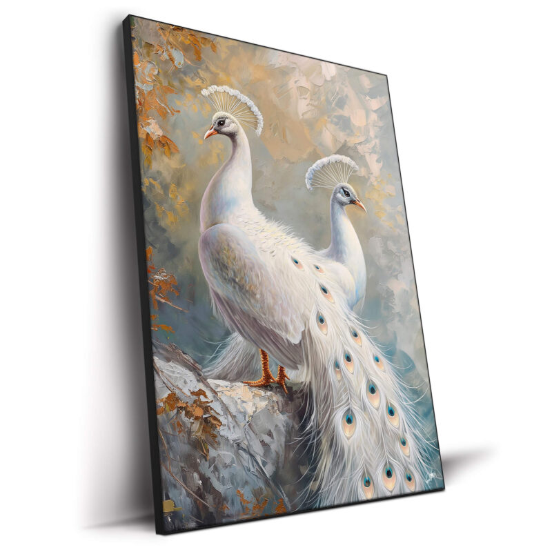 A painting of two elegant white peacocks standing in a soft, textured landscape with gentle hues.
