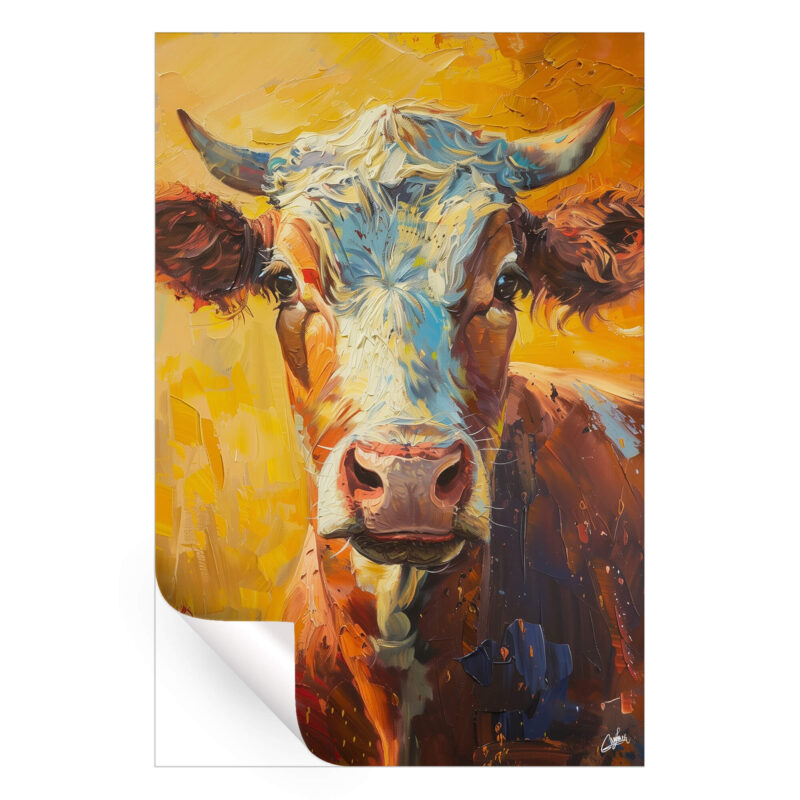 A painting of a warm brown cow with textured brushstrokes, evoking calm and serenity.