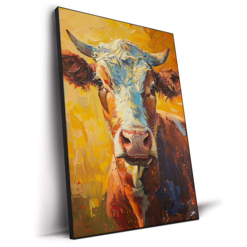 A painting of a warm brown cow with textured brushstrokes, evoking calm and serenity.