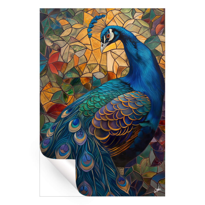 A vibrant leaded glass collage of a peacock, showcasing a rich array of colors and intricate patterns.