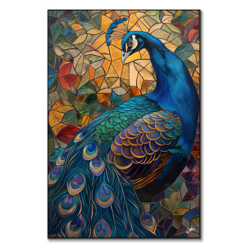A vibrant leaded glass collage of a peacock, showcasing a rich array of colors and intricate patterns.