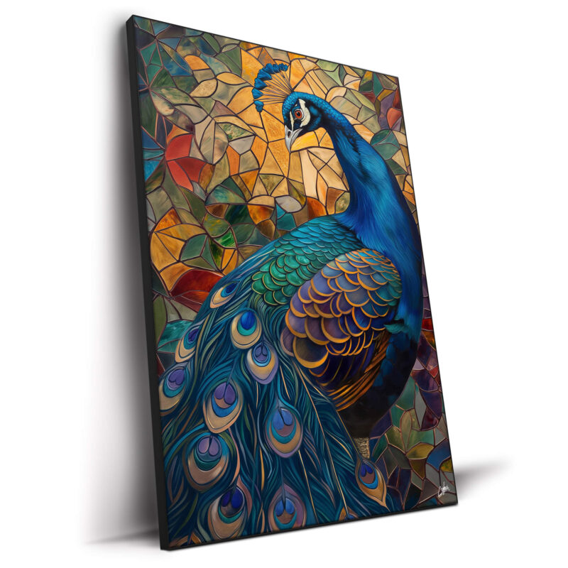 A vibrant leaded glass collage of a peacock, showcasing a rich array of colors and intricate patterns.