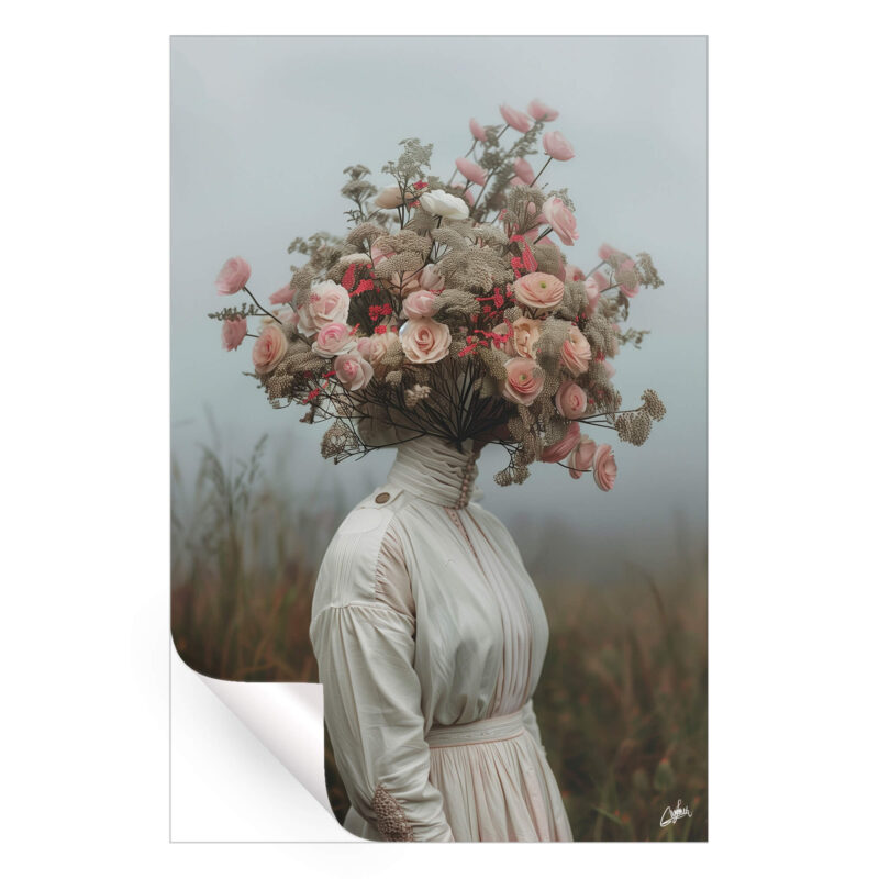 A portrait of a woman in a vintage floral dress with a serene expression and soft color palette.