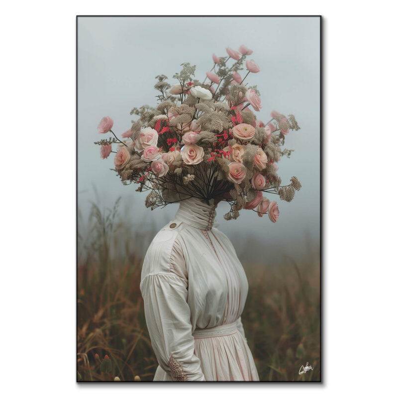 A portrait of a woman in a vintage floral dress with a serene expression and soft color palette.