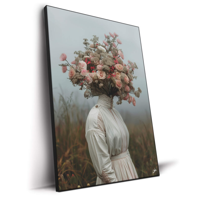 A portrait of a woman in a vintage floral dress with a serene expression and soft color palette.