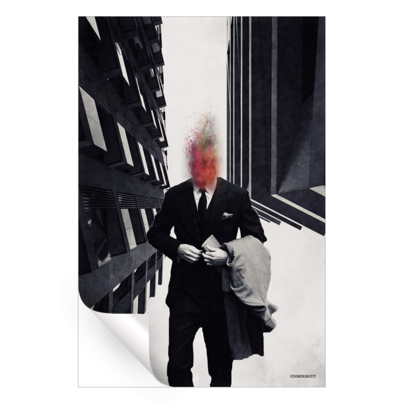 A surreal image of a man in a suit with a colorful explosion where his head should be, illustrating themes of pressure and chaos.