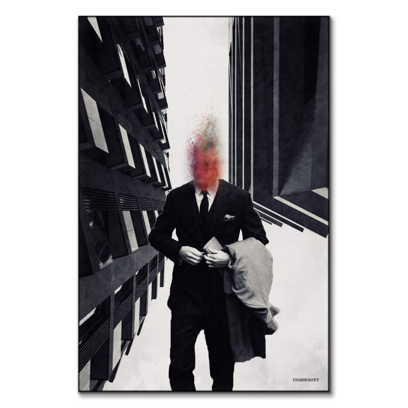 A surreal image of a man in a suit with a colorful explosion where his head should be, illustrating themes of pressure and chaos.