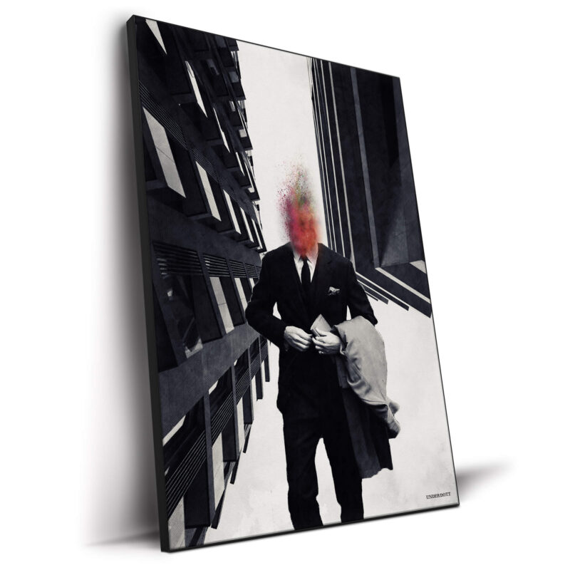 A surreal image of a man in a suit with a colorful explosion where his head should be, illustrating themes of pressure and chaos.