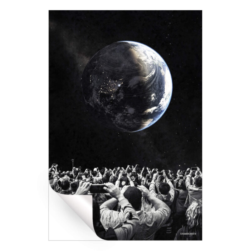 A group of people holding cameras in front of a colorful Earth, set against a black background, illustrating themes of connection and perspective.