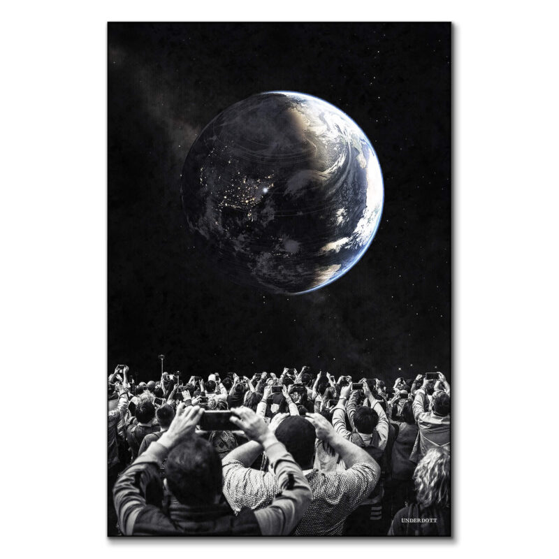 A group of people holding cameras in front of a colorful Earth, set against a black background, illustrating themes of connection and perspective.